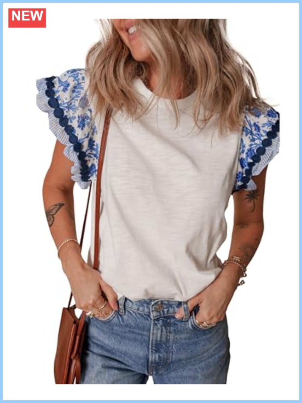 Womens Ruffle Short Sleeve Top Crewneck T Shirt Floral Trim Casual Tee